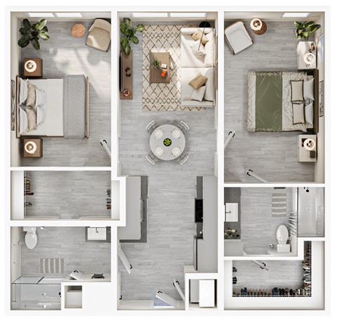 A series of images showing different layouts of a bedroom with a bathroom.